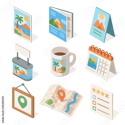 Sign branded marketing window feedback icons travel isometric map vector icon magazine
