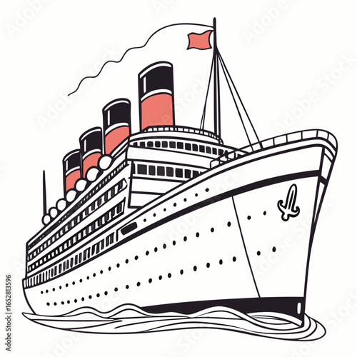 Classic ocean liner with multiple funnels sailing through gentle waves in a stylized illustration