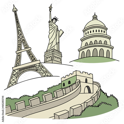 Famous global landmarks including the eiffel tower statue of liberty capitol building and great wall of china