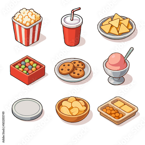 Movie snacks cream bowl ice drink vector icon cup night nacho cookie