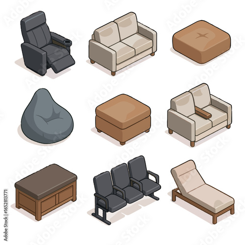 Cushion bag vector chaise loveseat lounge ottoman row seat isometric icons seating