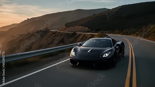 A sleek sports car racing along the edge of a cliffside road at sunset, golden light reflecting off its curves, with the vast ocean and glowing horizon in the background