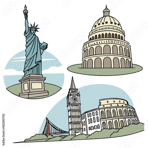 Iconic landmarks including the statue of liberty capitol building big ben and the colosseum