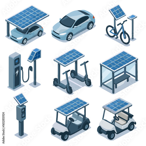 Cart isometric charger solar icon transport shelter vector station carport bike golf