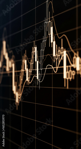 Close-up of candlestick chart on dark background, showing financial market data, illustrating stock market trends and analysis, suitable for business or finance concepts