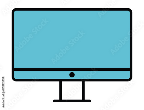 A minimalist, modern icon of an all-in-one desktop computer monitor, characterized by its clean lines, bold outline, and a blank light blue screen.