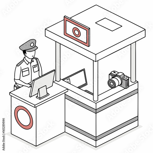Security guard at a checkpoint booth with a computer camera and identification scanner