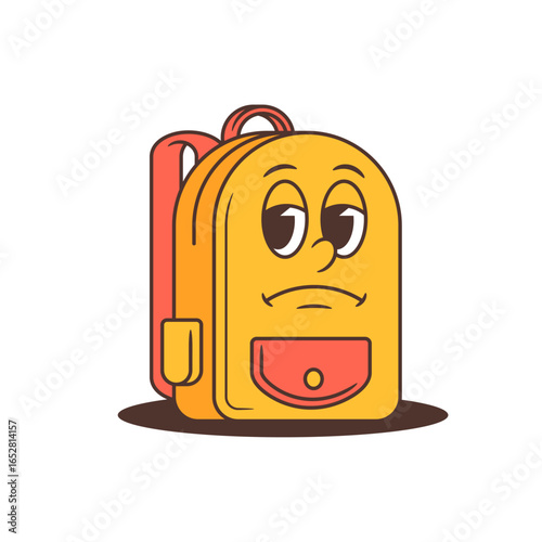 Cartoon school backpack mascot with sleepy half-closed eyes, raised eyebrows, and a frowning mouth showing disinterest or boredom. Ideal for school-related projects. Funny school backpack