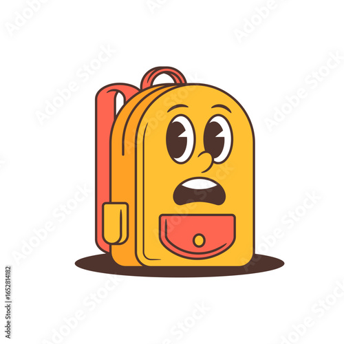 Expressive cartoon school backpack mascot with wide astonished eyes, raised eyebrows, open mouth. Ideal for school branding, kids projects, educational content, and playful themes. Vector illustration
