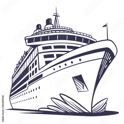 Stylized illustration of a large cruise ship sailing through the water creating a wake