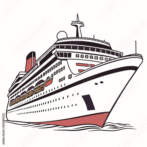 Stylized illustration of a large white cruise ship sailing on the water with a white background
