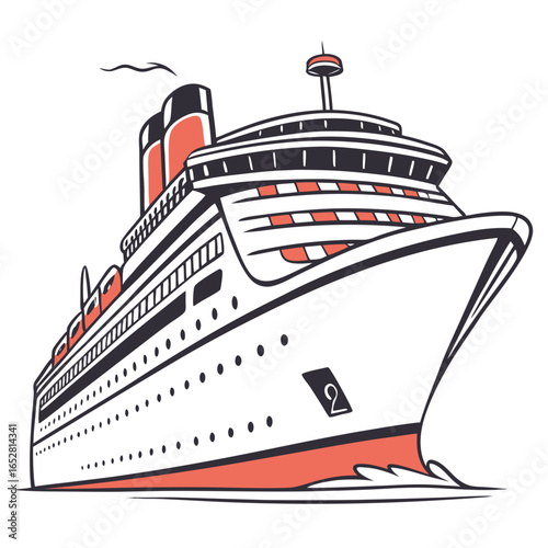 Stylized illustration of a large white cruise ship with orange accents sailing on white background