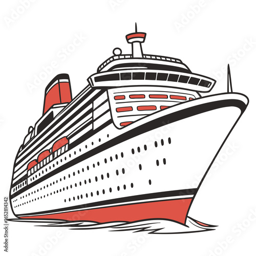 Stylized illustration of a large white cruise ship with red accents sailing on the water