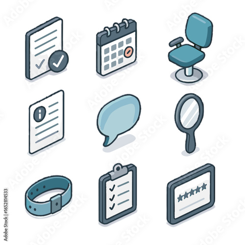 Client wristband vector interaction chair speech tablet consultation mirror bubble icon icons