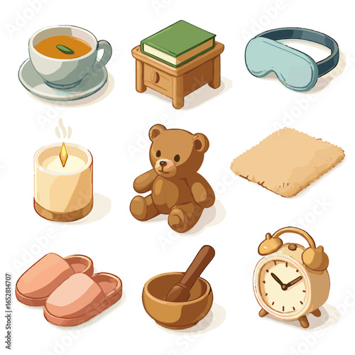 Vector candle tea eye slipper icons bedtime icon plush clock relaxing rug