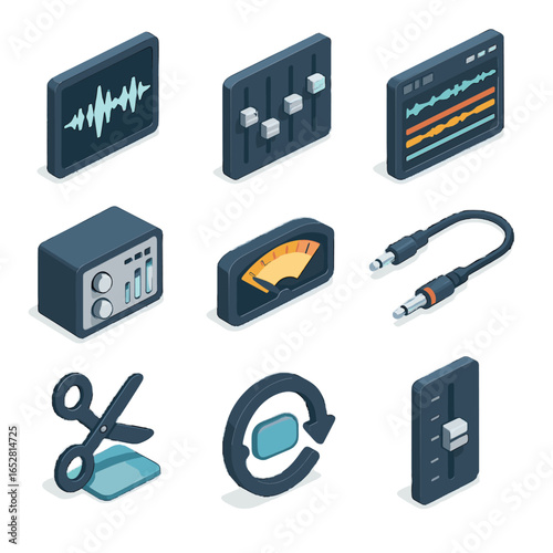 Edit tool vector sound workstation box equalizer waveform icon isometric cable sliders