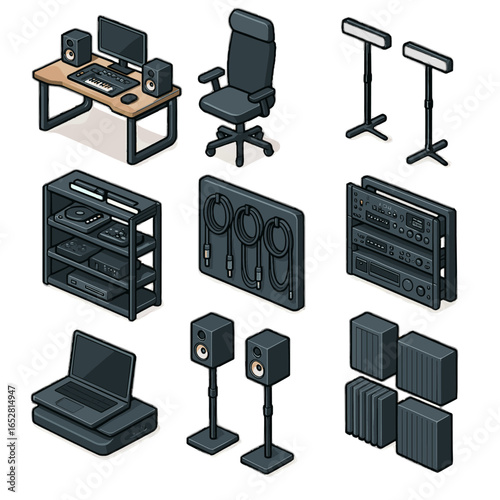 Production music audio chair desk organizer vector stands gear studio icon dock