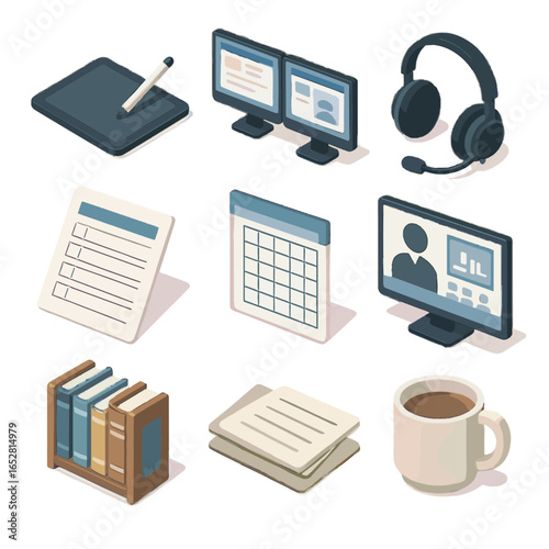 Teacher dual online vector digital planning icon sheet mug stylus grading s