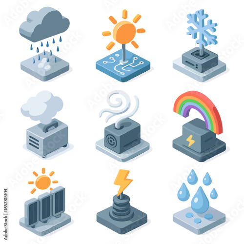 Weather system isometric vector programmable wind fog cloud array icon spiral icons