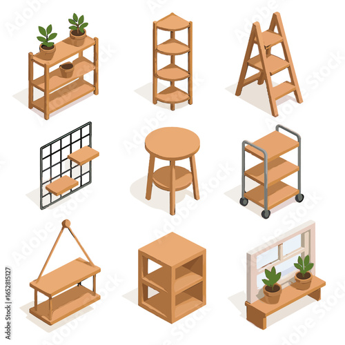 Vector plant shelf wheeled corner stand ladder cube round isometric grid icons
