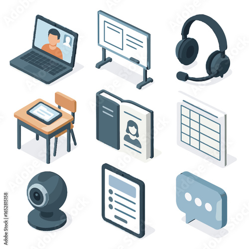 Whiteboard schedule online icons classroom digital remote vector quiz bubble call desk