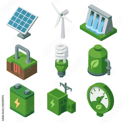 Vector green eco icons hydroelectric solar bulb meter geothermal dam icon energy