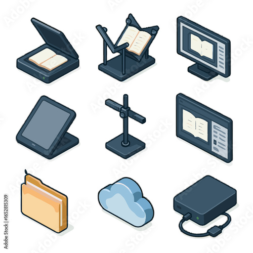Vector book drive monitor page alignment preview flatbed icon scanning cloud isometric