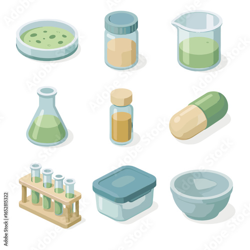 Mixing flask nutrient nutrition vial icons container jar beaker rack isometric icon