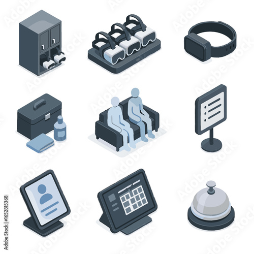 Locker kit vector headset assistance user isometric lounge zone cleaning icon vr