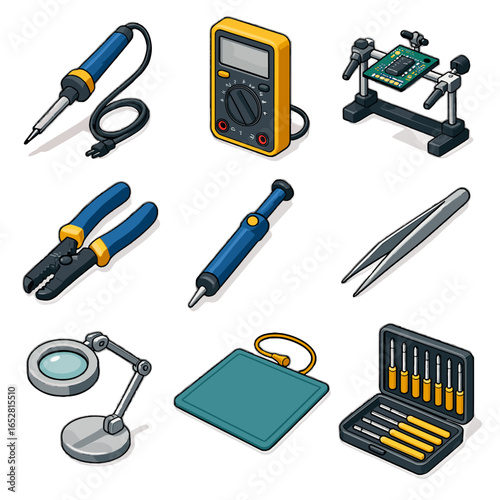 Repair antistatic electronics set iron desoldering board stripper icon mat vector multimeter