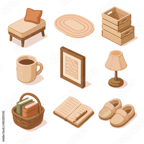 Stackable crates notebook art cozy icon basket book corner reading mug slippers