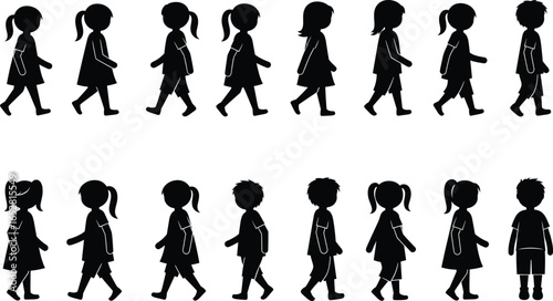 Silhouette children walking side view vector illustration, kids walking sequence, black silhouette child figures, school children walking graphic design