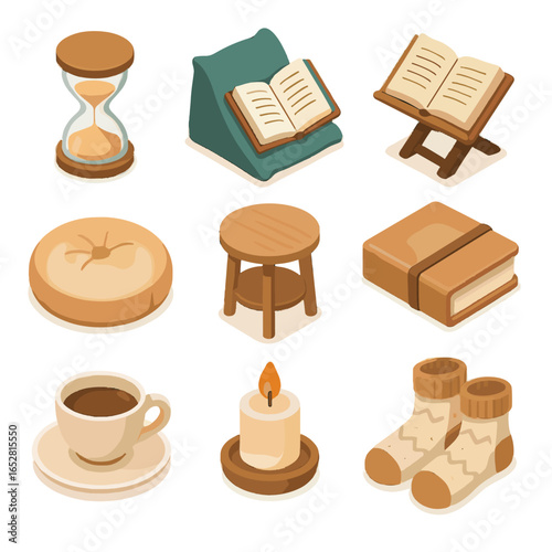 Floor accessories icon teacup icons pillow cozy side candle vector socks reading