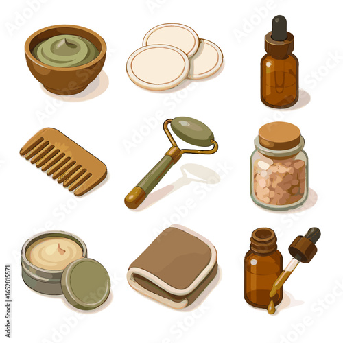 Bath wooden vector icons comb beauty eco essential serum icon oil remover