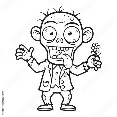 Cartoon zombie holding a flower in black and white outline coloring page