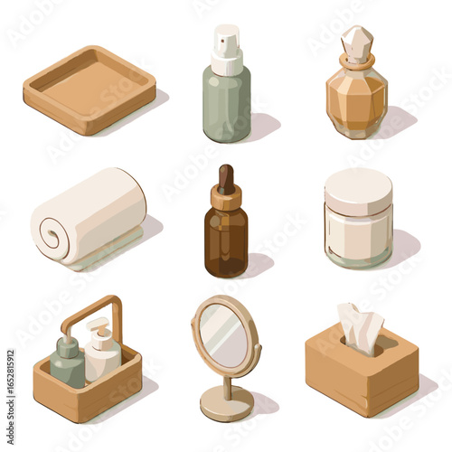 Oil icons box bottle accessories spa tissue caddy glass vector icon mist