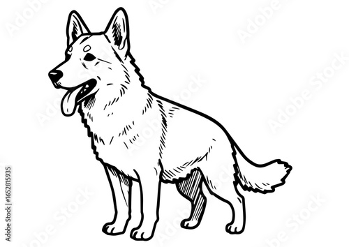 Cartoon dog standing with tongue out in simple line art style  
