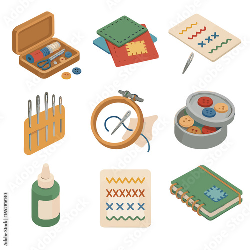 Stitch fabrics vector samples upcycling icon hoop patch bottle set button