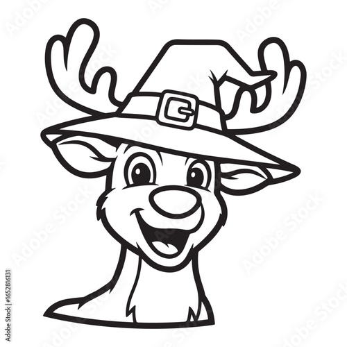Cartoon reindeer wearing a witch hat in black and white art coloring page