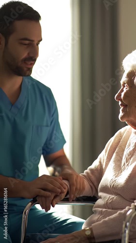 Compassionate Male Nurse Comforting Elderly Woman in a Nursing Home.