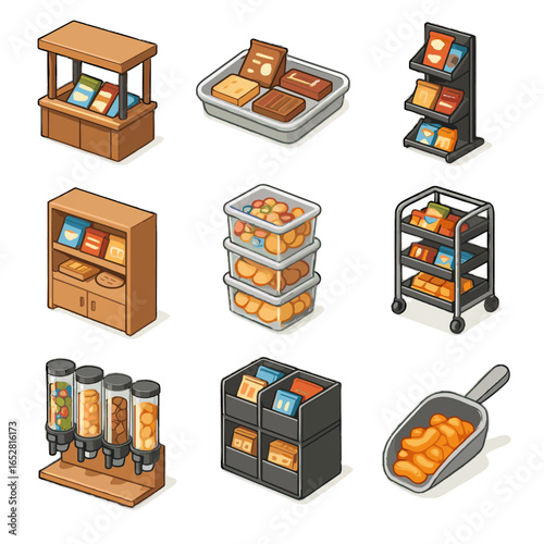 Bins unit shelf portable icon snack scoop countertop vector stand station icons