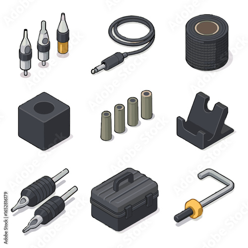 Icon tattoo cartridges tool tape cord clip machine disposable sleeves vector