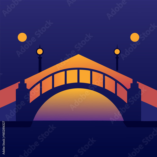 Vibrant gradient bridge at twilight with orange fading into indigo