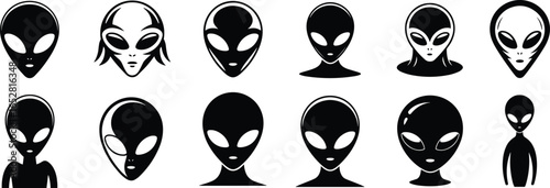 Set of alien head silhouettes, extraterrestrial faces, sci-fi characters, mysterious beings, space invaders, black vector icons, various expressions, isolated design, futuristic theme