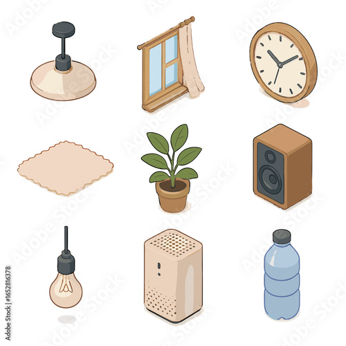 Rug window curtain icon art room air studio vector potted clock wall