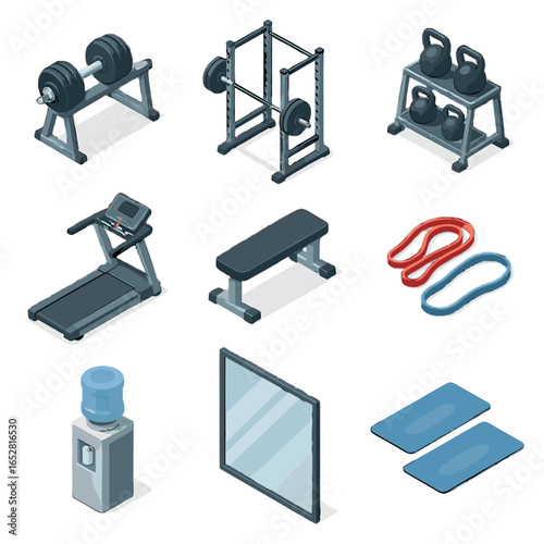 Mirror water bands rack gym bench floor resistance isometric mats vector icon