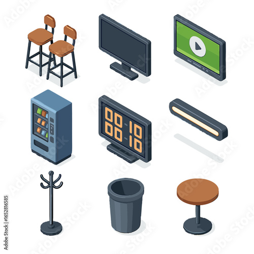 Chairs icons stool spectator lounge bar vector icon trash light game wall