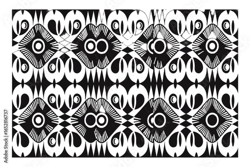 Abstract Geometric Pattern with Organic Shapes in Black and White, Tribal-Inspired Design for Textile or Wallpaper