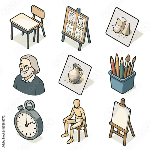 Standing classroom bin vector critique school isometric timer icon art sheet clock