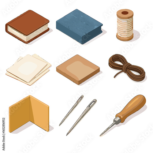 Linen materials vector icons endpapers parchment sheets thread needles icon cloth book